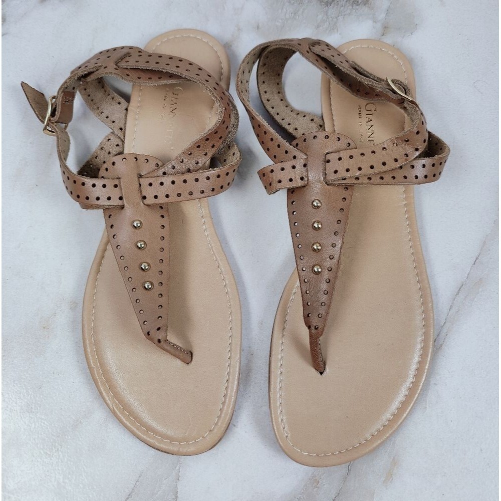 A. Giannetti Cognac Studded Perforated Leather Thong Ankle Strap Sandals, Sz 10